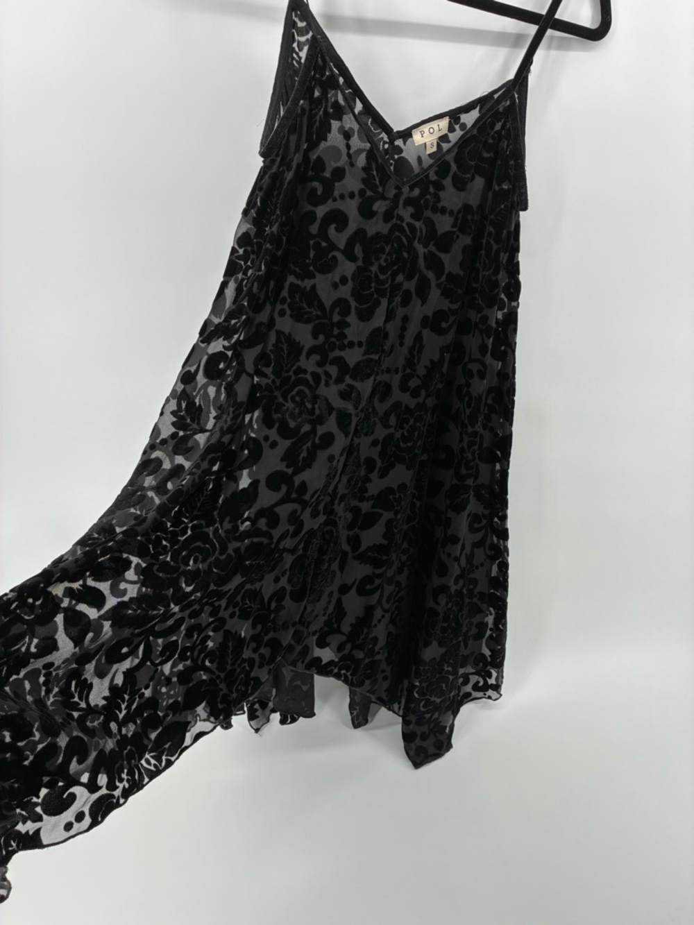 POL Black Velvet Burnout Slip Dress with Spaghetti Straps Sheer